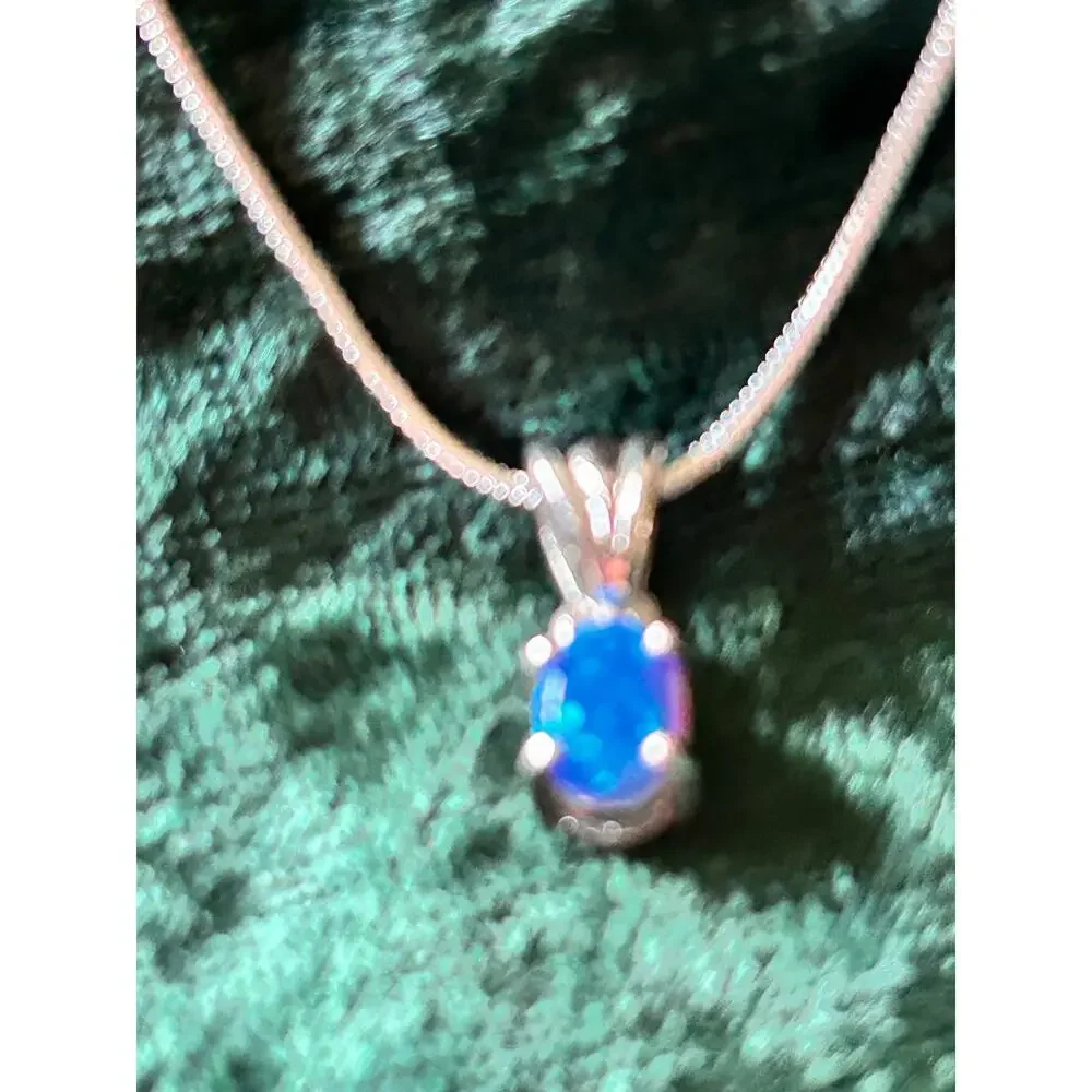 925 Sterling Silver Blue Fire Opal Solitaire Necklace 16